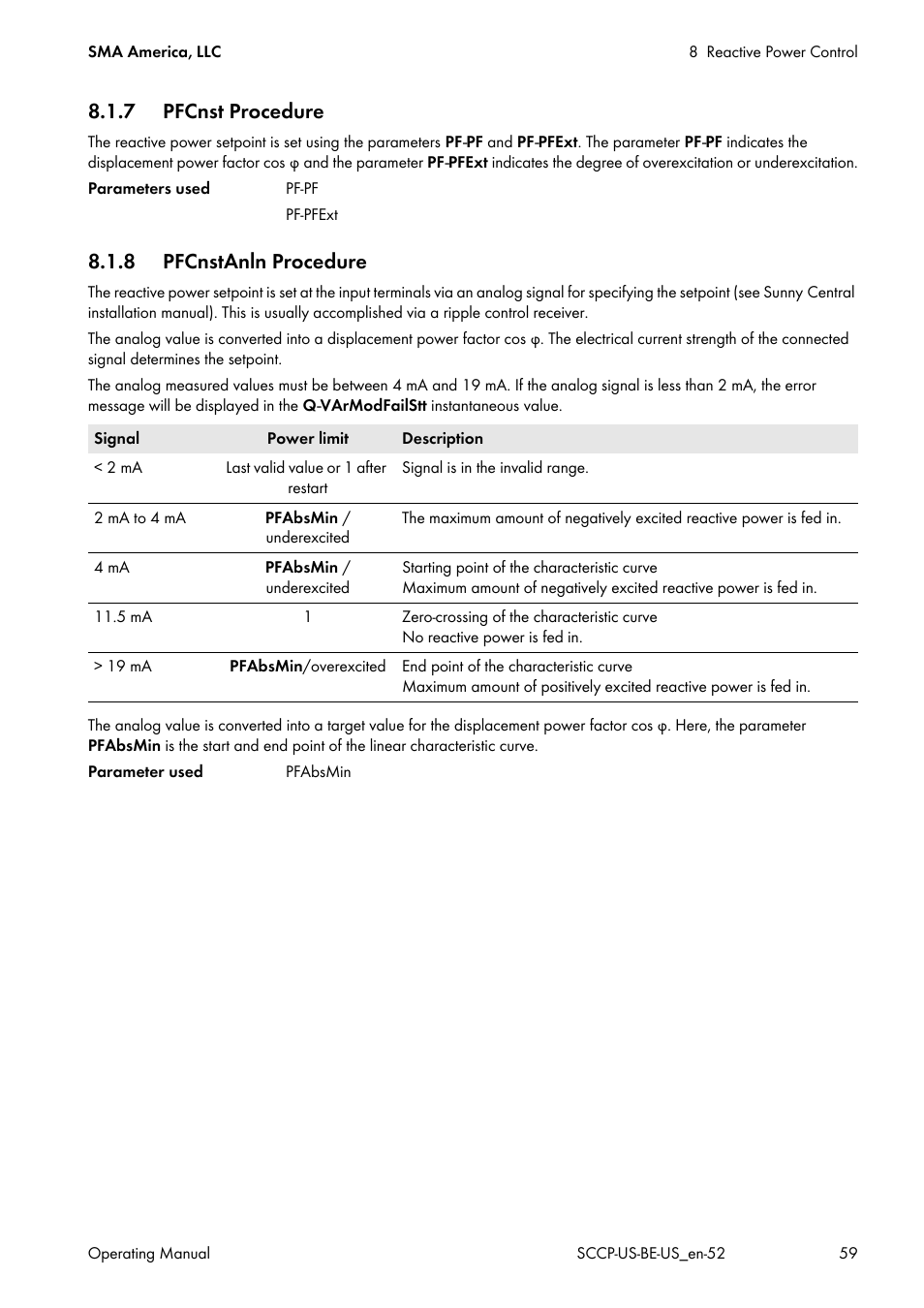 7 pfcnst procedure, 8 pfcnstanln procedure | SMA SC 500CP-US-10 600V User Manual | Page 59 / 112