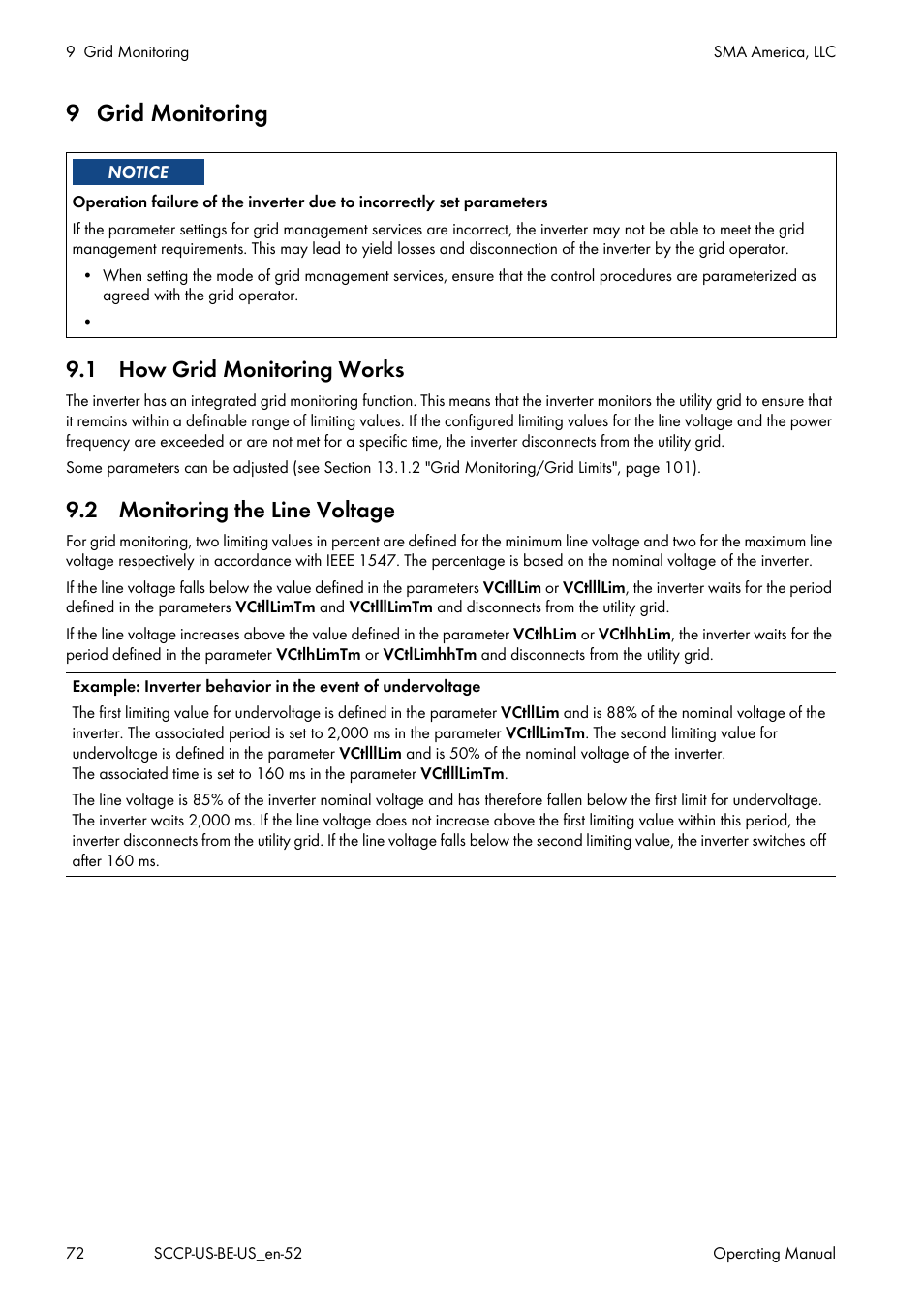 9 grid monitoring, 1 how grid monitoring works, 2 monitoring the line voltage | SMA SC 500CP-US-10 600V User Manual | Page 72 / 112