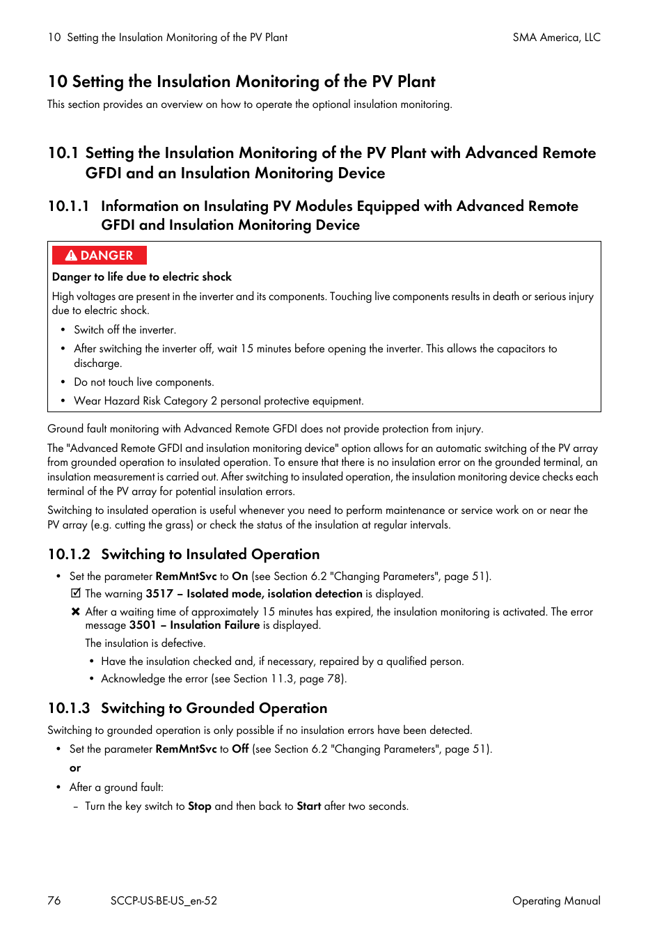 2 switching to insulated operation, 3 switching to grounded operation | SMA SC 500CP-US-10 600V User Manual | Page 76 / 112