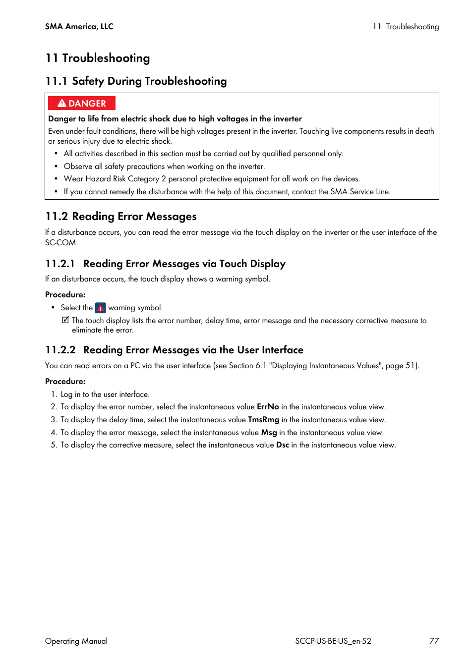11 troubleshooting, 1 safety during troubleshooting, 2 reading error messages | 1 reading error messages via touch display, 2 reading error messages via the user interface | SMA SC 500CP-US-10 600V User Manual | Page 77 / 112
