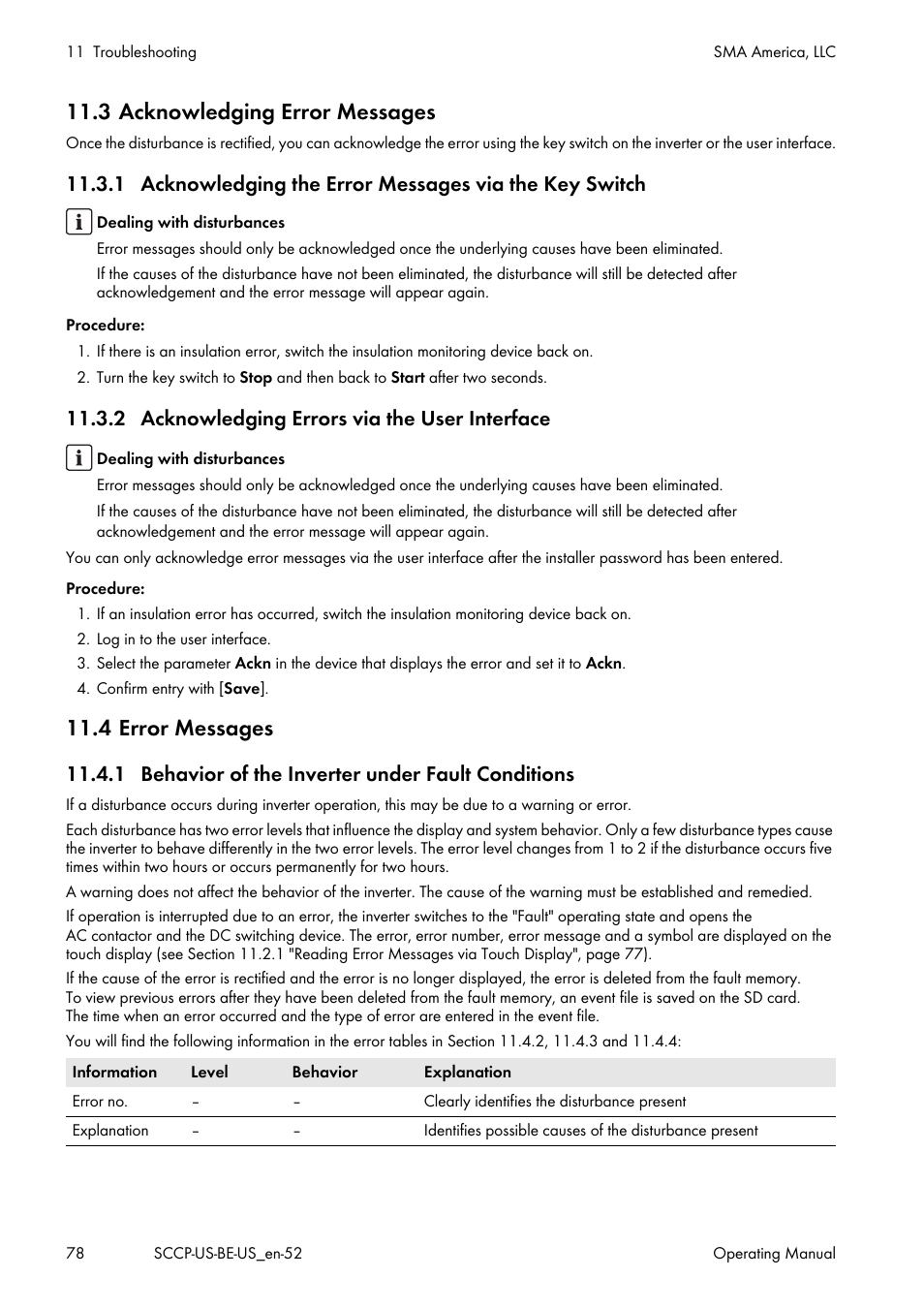 3 acknowledging error messages, 2 acknowledging errors via the user interface, 4 error messages | 1 behavior of the inverter under fault conditions | SMA SC 500CP-US-10 600V User Manual | Page 78 / 112