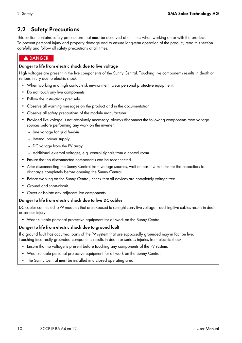 2 safety precautions | SMA SC 500CP-10-JP User Manual | Page 10 / 108