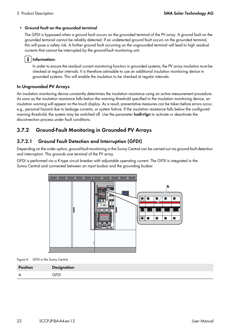 2 ground-fault monitoring in grounded pv arrays, 1 ground fault detection and interruption (gfdi) | SMA SC 500CP-10-JP User Manual | Page 22 / 108