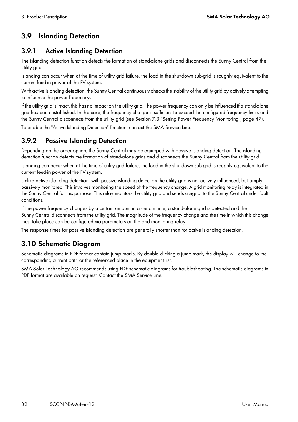 9 islanding detection, 1 active islanding detection, 2 passive islanding detection | 10 schematic diagram | SMA SC 500CP-10-JP User Manual | Page 32 / 108