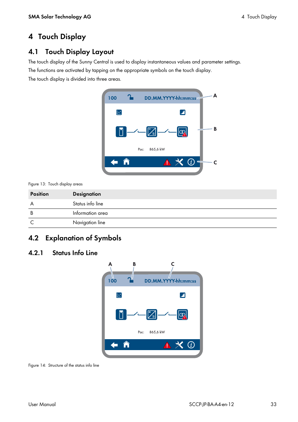 4 touch display, 1 touch display layout, 2 explanation of symbols | 1 status info line, 1 touch display layout 4.2 explanation of symbols | SMA SC 500CP-10-JP User Manual | Page 33 / 108