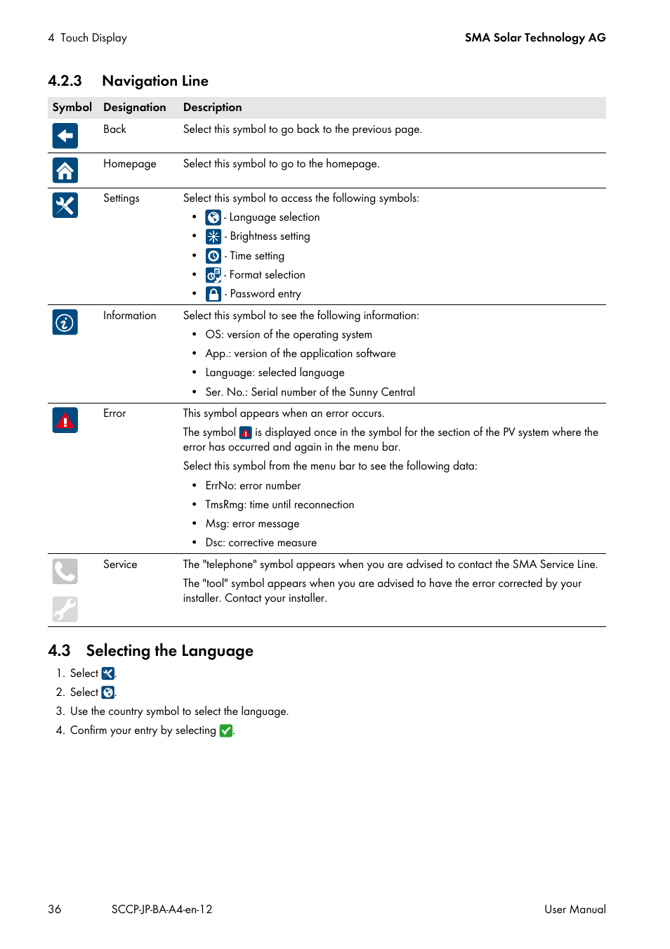 3 navigation line, 3 selecting the language | SMA SC 500CP-10-JP User Manual | Page 36 / 108
