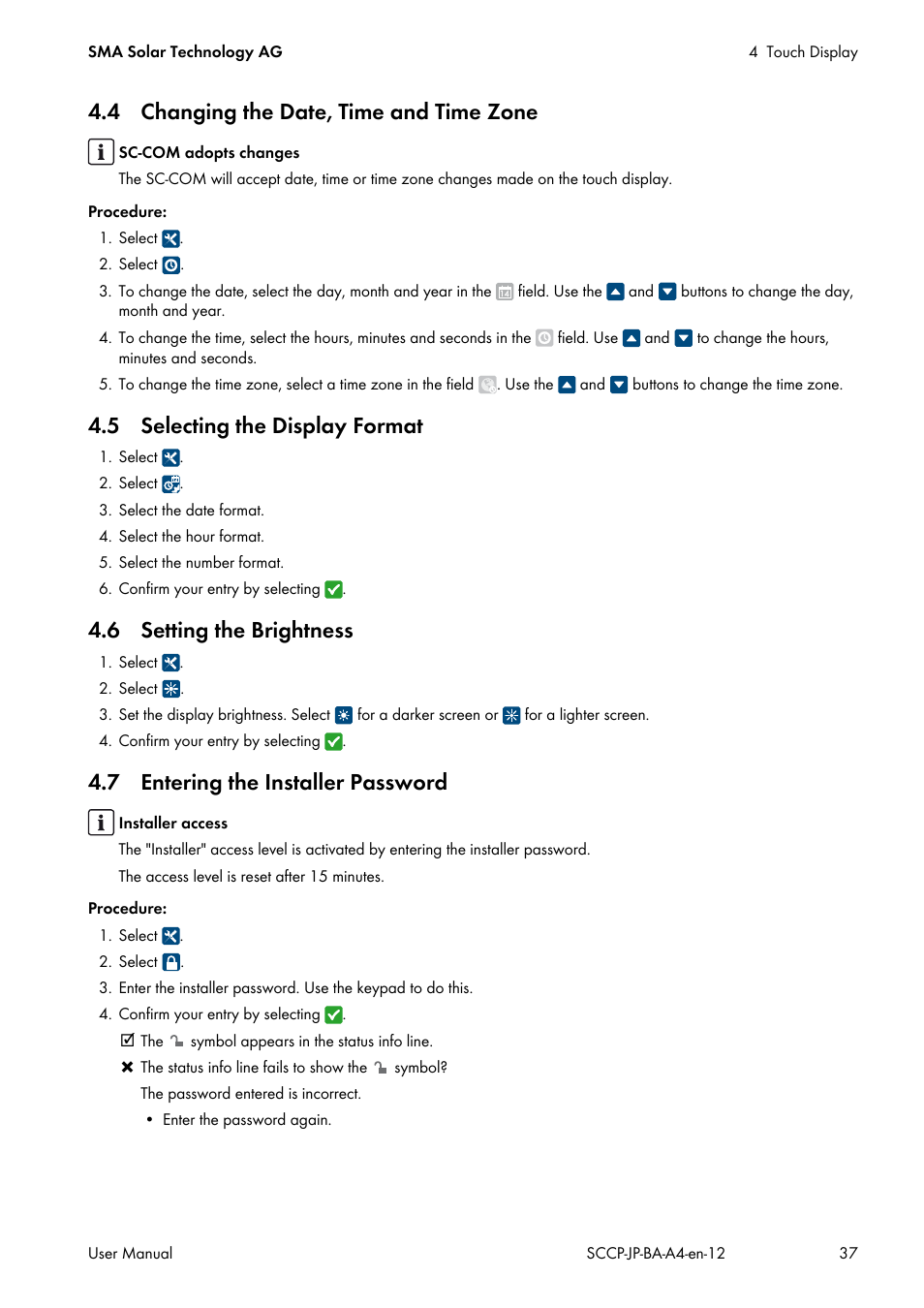 4 changing the date, time and time zone, 5 selecting the display format, 6 setting the brightness | 7 entering the installer password | SMA SC 500CP-10-JP User Manual | Page 37 / 108