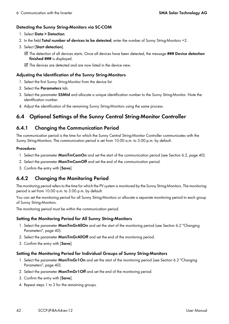 1 changing the communication period, 2 changing the monitoring period | SMA SC 500CP-10-JP User Manual | Page 42 / 108
