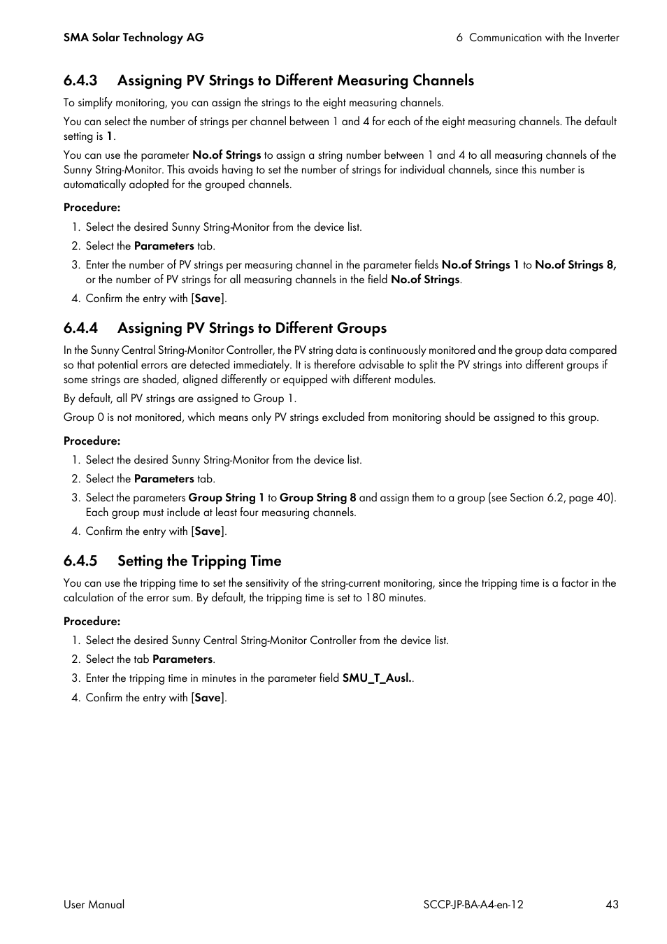 4 assigning pv strings to different groups, 5 setting the tripping time | SMA SC 500CP-10-JP User Manual | Page 43 / 108