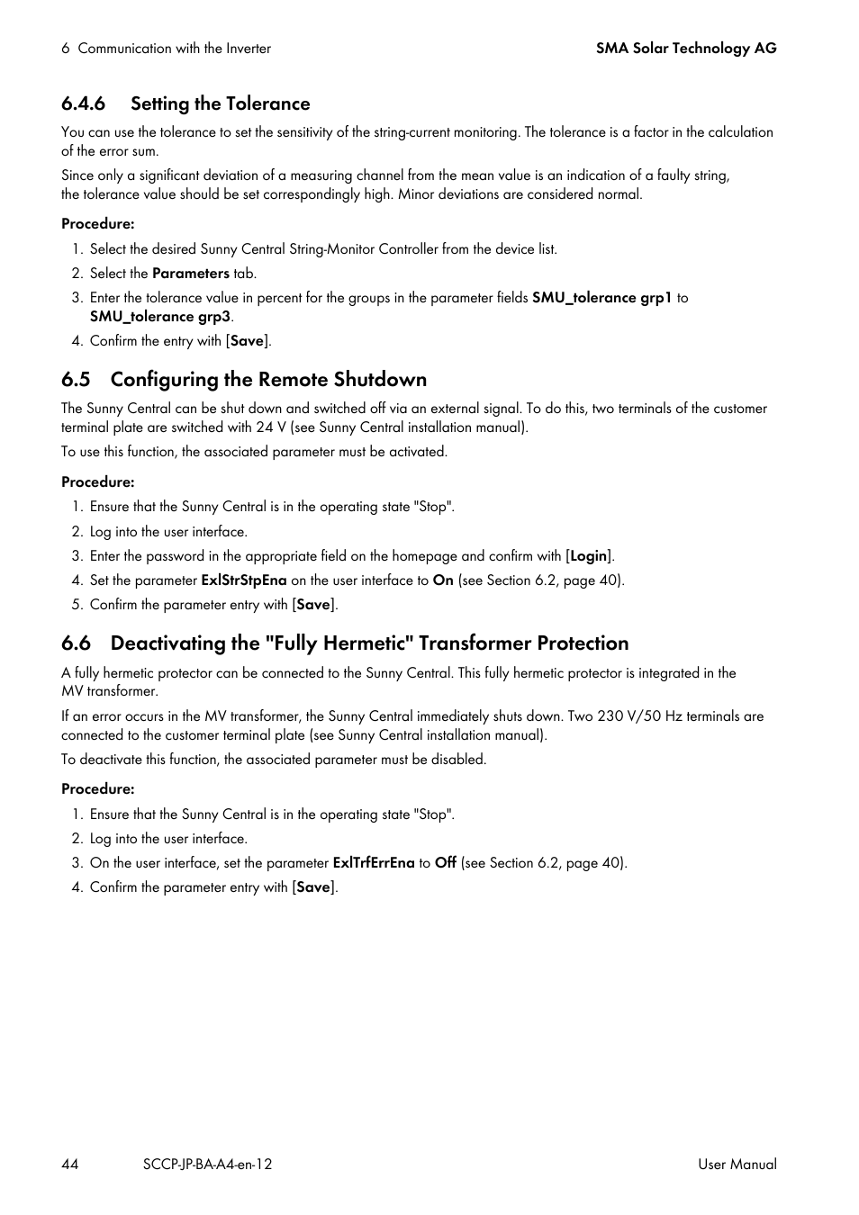 6 setting the tolerance, 5 configuring the remote shutdown | SMA SC 500CP-10-JP User Manual | Page 44 / 108