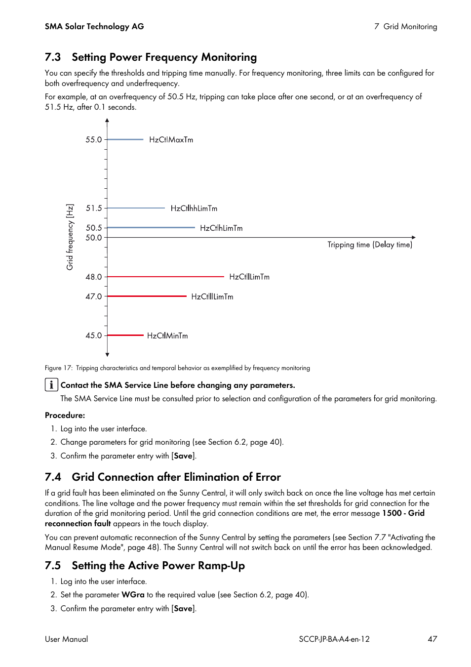 3 setting power frequency monitoring, 4 grid connection after elimination of error, 5 setting the active power ramp-up | SMA SC 500CP-10-JP User Manual | Page 47 / 108