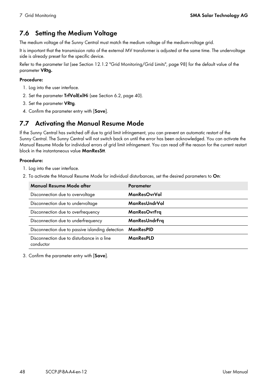 6 setting the medium voltage, 7 activating the manual resume mode, See section 7.7 "activating the | SMA SC 500CP-10-JP User Manual | Page 48 / 108