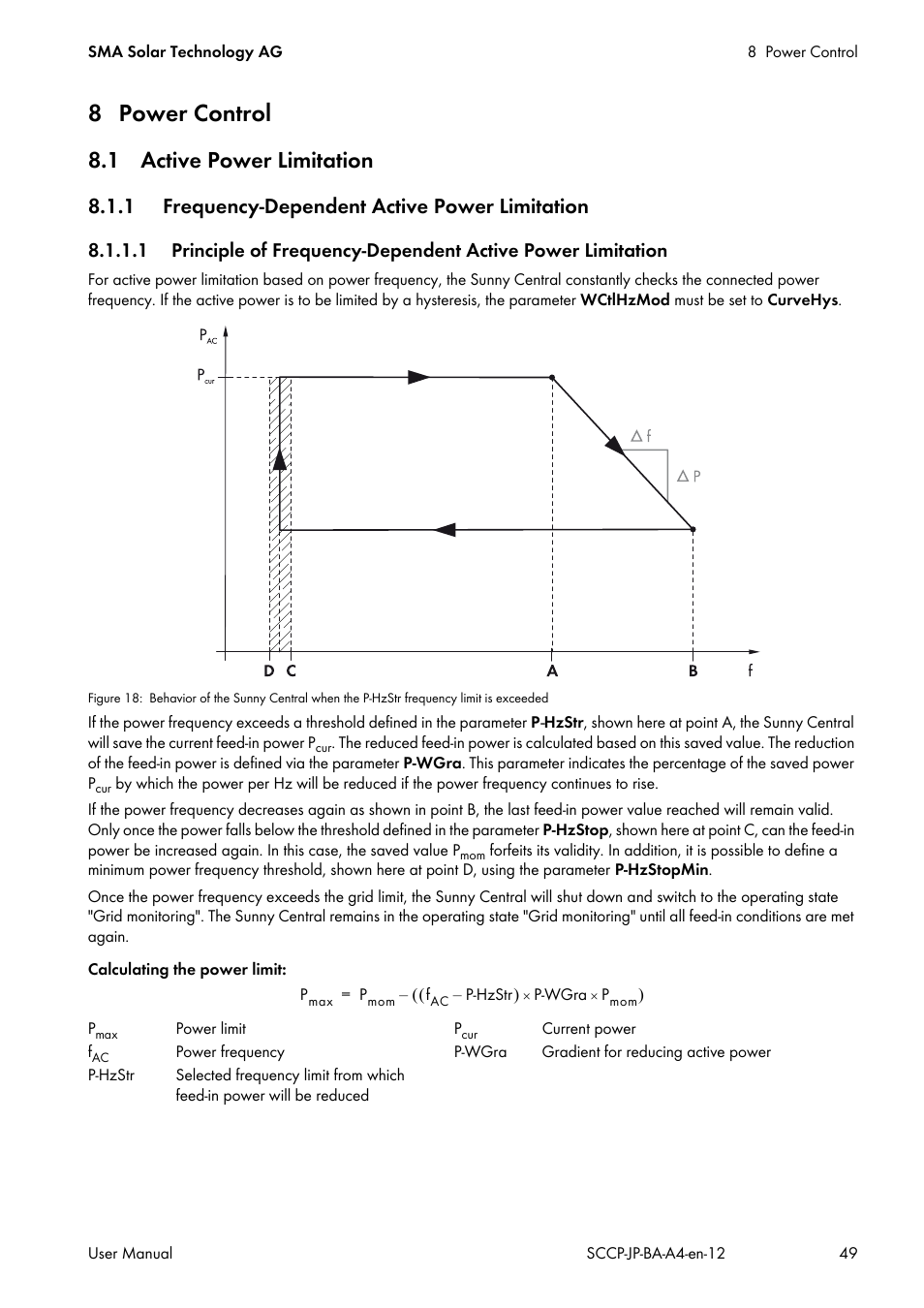 8 power control, 1 active power limitation, 1 frequency-dependent active power limitation | SMA SC 500CP-10-JP User Manual | Page 49 / 108
