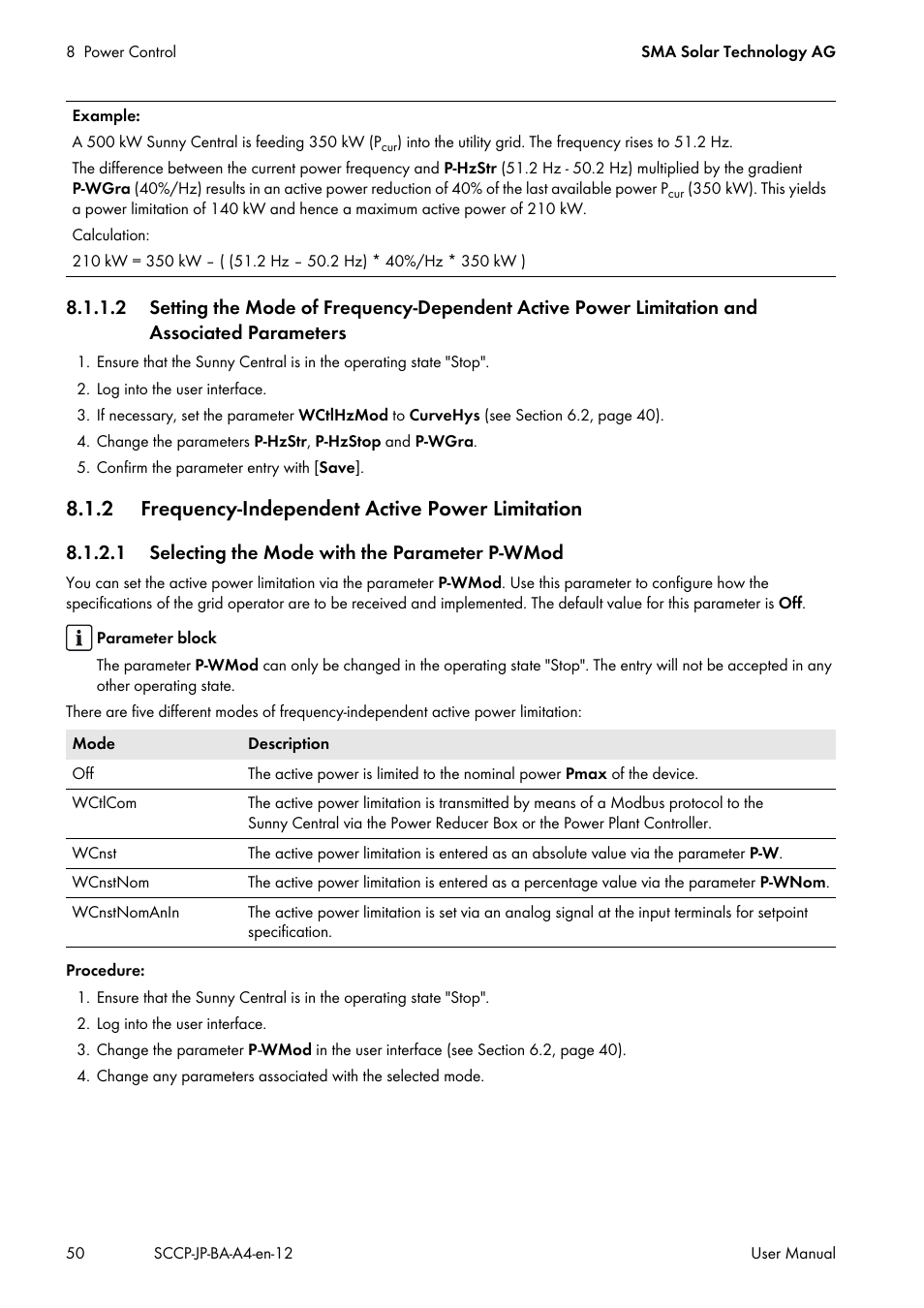 2 frequency-independent active power limitation, 1 selecting the mode with the parameter p-wmod | SMA SC 500CP-10-JP User Manual | Page 50 / 108