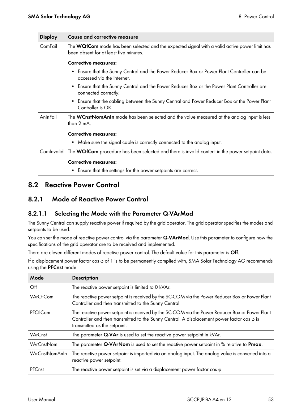 2 reactive power control, 1 mode of reactive power control, 1 selecting the mode with the parameter q-varmod | SMA SC 500CP-10-JP User Manual | Page 53 / 108