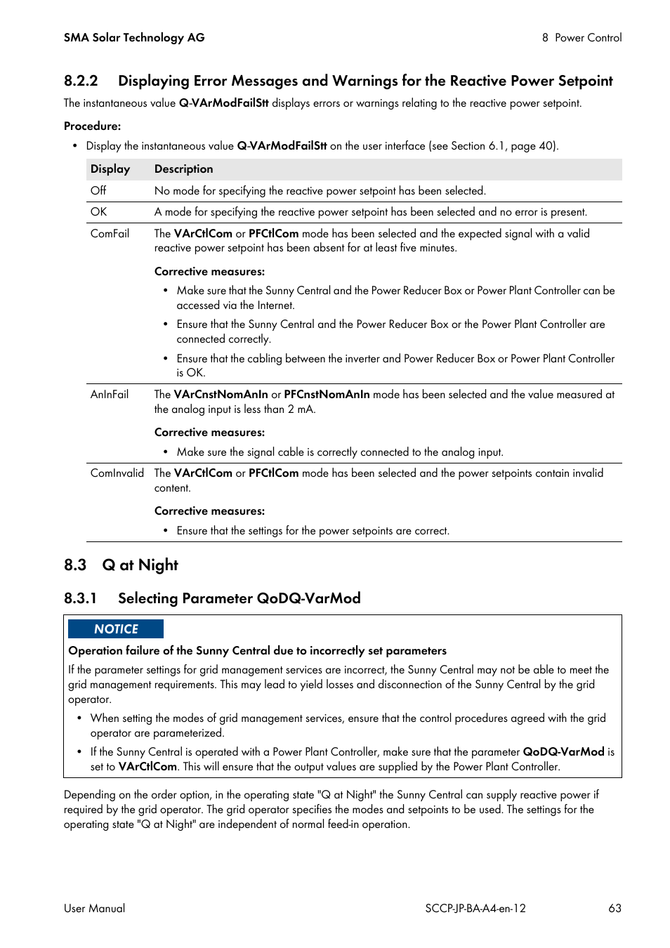 3 q at night, 1 selecting parameter qodq-varmod | SMA SC 500CP-10-JP User Manual | Page 63 / 108