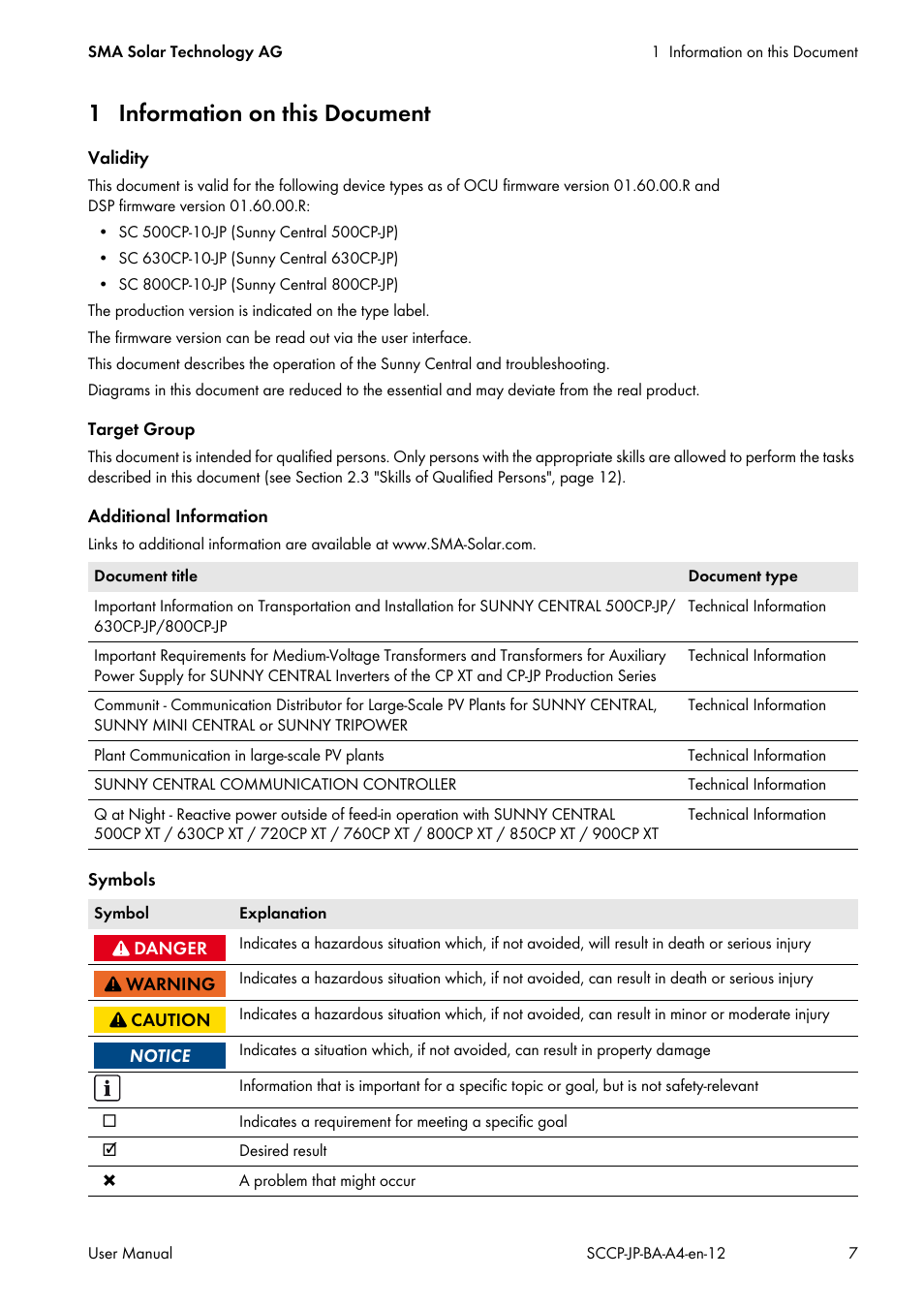 1 information on this document | SMA SC 500CP-10-JP User Manual | Page 7 / 108