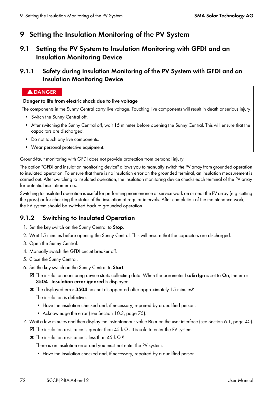 2 switching to insulated operation, 1 setting the pv system to insulation monitoring, 1 safety du | SMA SC 500CP-10-JP User Manual | Page 72 / 108