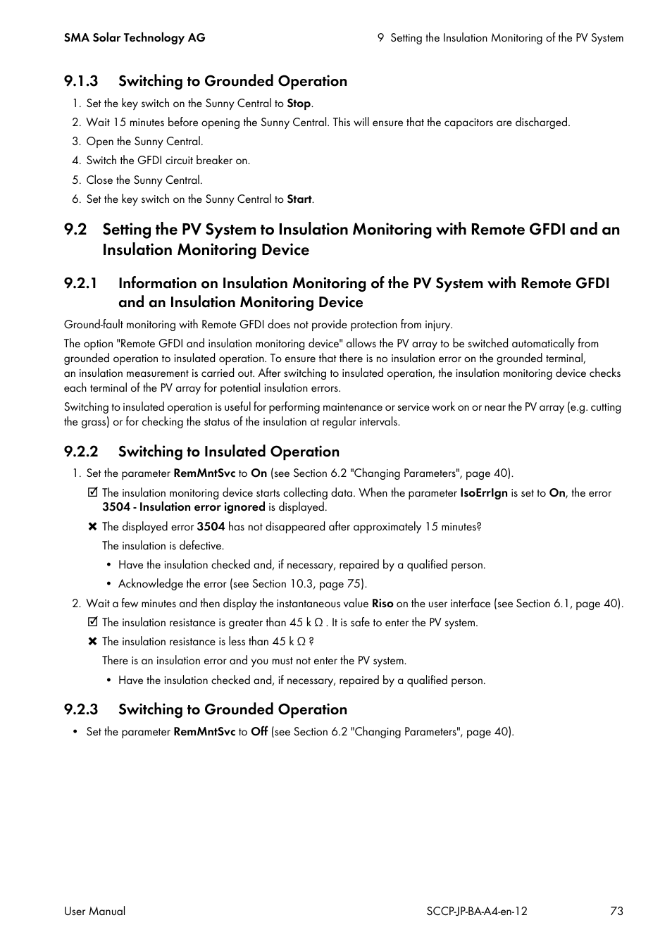 3 switching to grounded operation, 2 switching to insulated operation, 2 setting the pv system to insulation monitoring | SMA SC 500CP-10-JP User Manual | Page 73 / 108