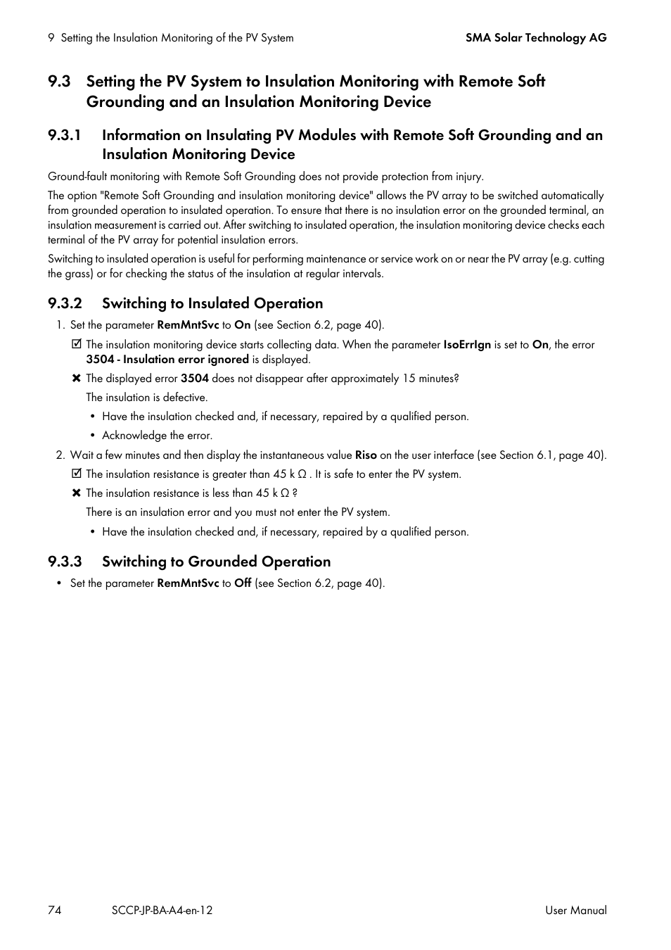 2 switching to insulated operation, 3 switching to grounded operation, 3 setting the pv system to insulation monitoring | 1 in | SMA SC 500CP-10-JP User Manual | Page 74 / 108