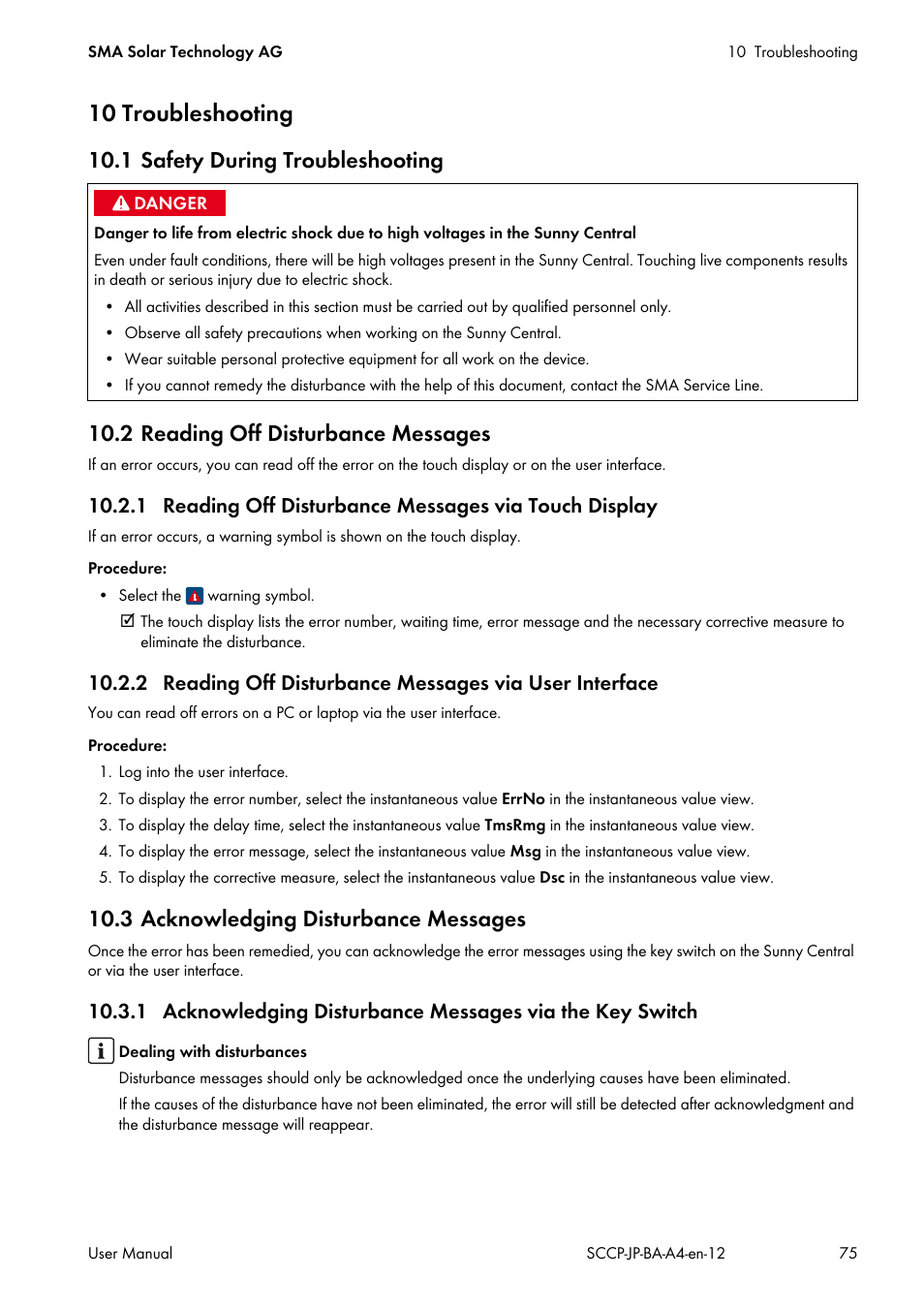 10 troubleshooting, 1 safety during troubleshooting, 2 reading off disturbance messages | 3 acknowledging disturbance messages, Uch display (see section 10 | SMA SC 500CP-10-JP User Manual | Page 75 / 108
