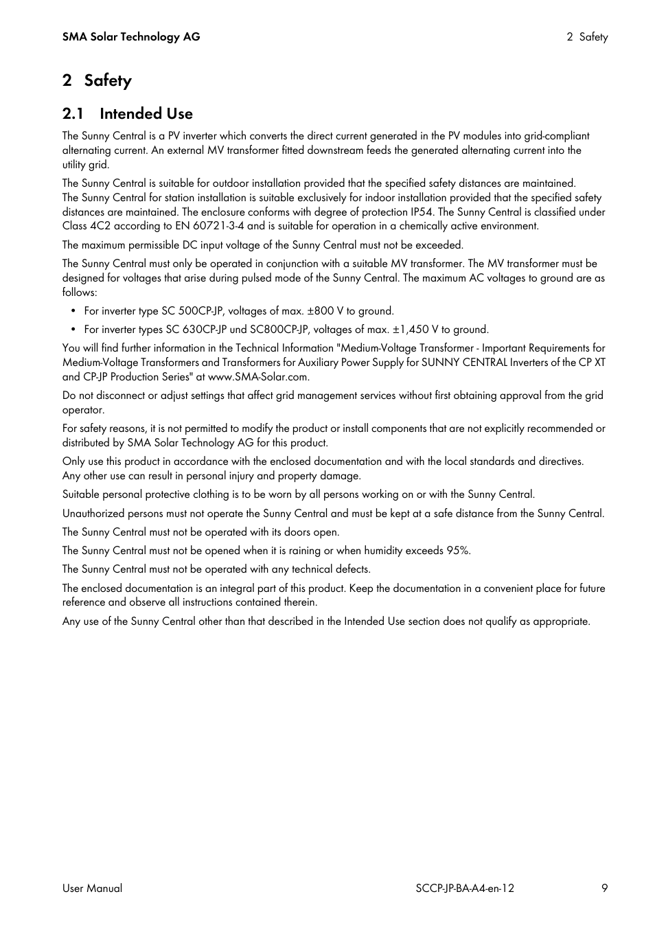 2 safety, 1 intended use | SMA SC 500CP-10-JP User Manual | Page 9 / 108
