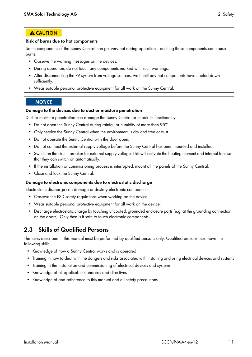 3 skills of qualified persons | SMA SC 500CP-10-JP Installation Manual User Manual | Page 11 / 88