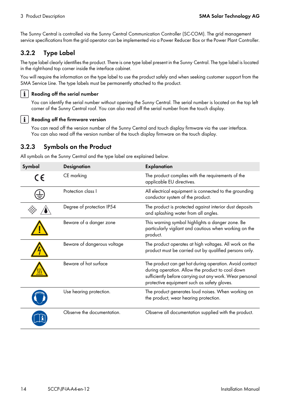 2 type label, 3 symbols on the product, 2 type label 3.2.3 symbols on the product | SMA SC 500CP-10-JP Installation Manual User Manual | Page 14 / 88