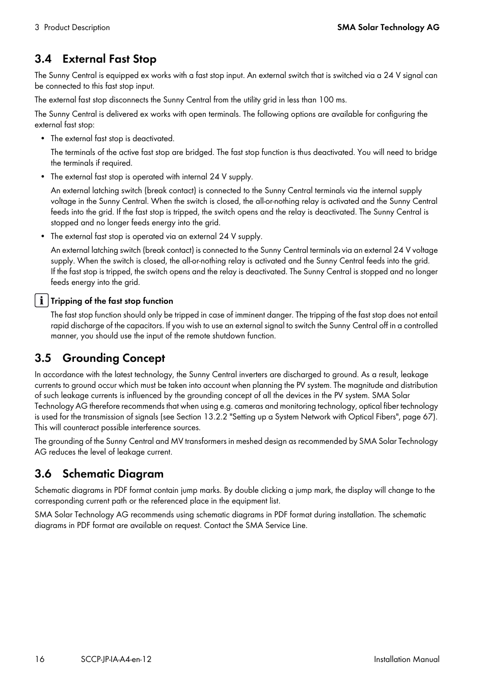 4 external fast stop, 5 grounding concept, 6 schematic diagram | SMA SC 500CP-10-JP Installation Manual User Manual | Page 16 / 88