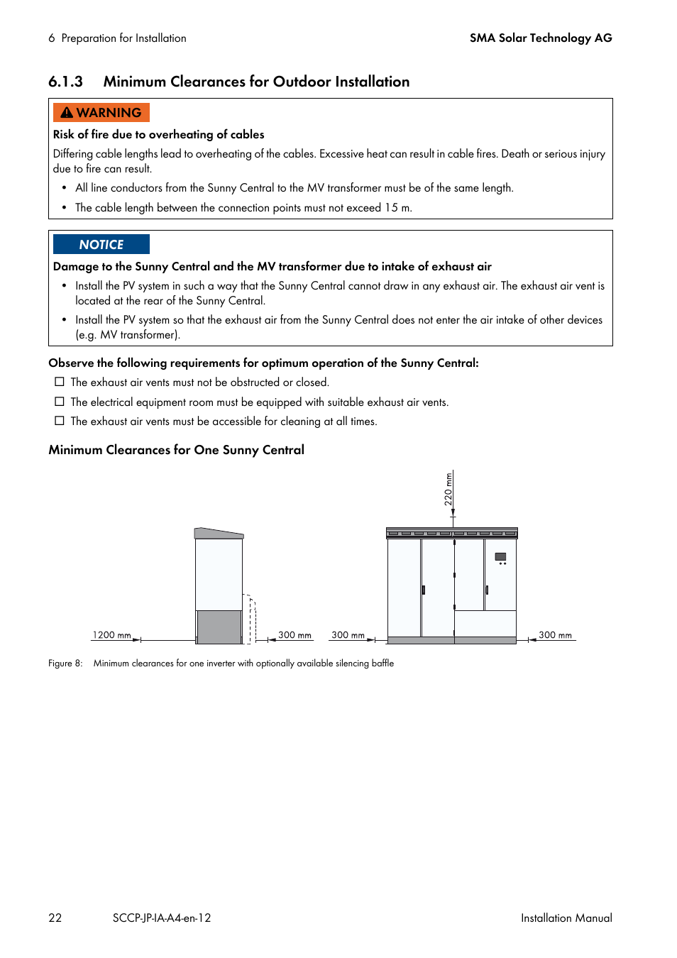 3 minimum clearances for outdoor installation | SMA SC 500CP-10-JP Installation Manual User Manual | Page 22 / 88