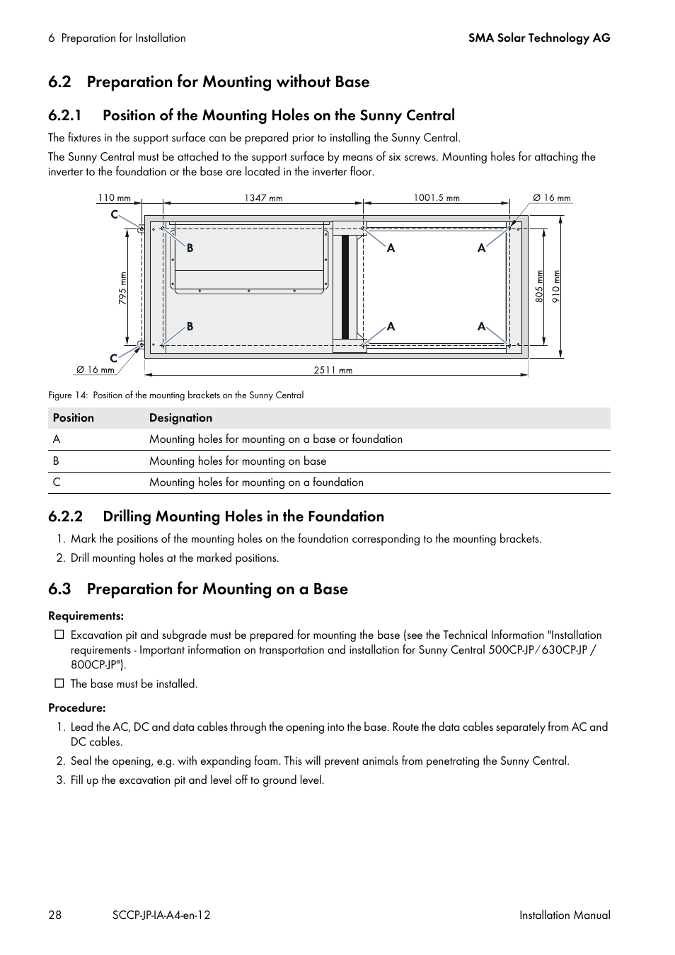 2 preparation for mounting without base, 2 drilling mounting holes in the foundation, 3 preparation for mounting on a base | SMA SC 500CP-10-JP Installation Manual User Manual | Page 28 / 88