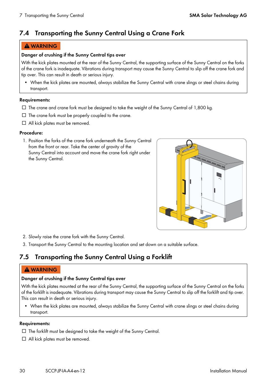 5 transporting the sunny central using a forklift | SMA SC 500CP-10-JP Installation Manual User Manual | Page 30 / 88