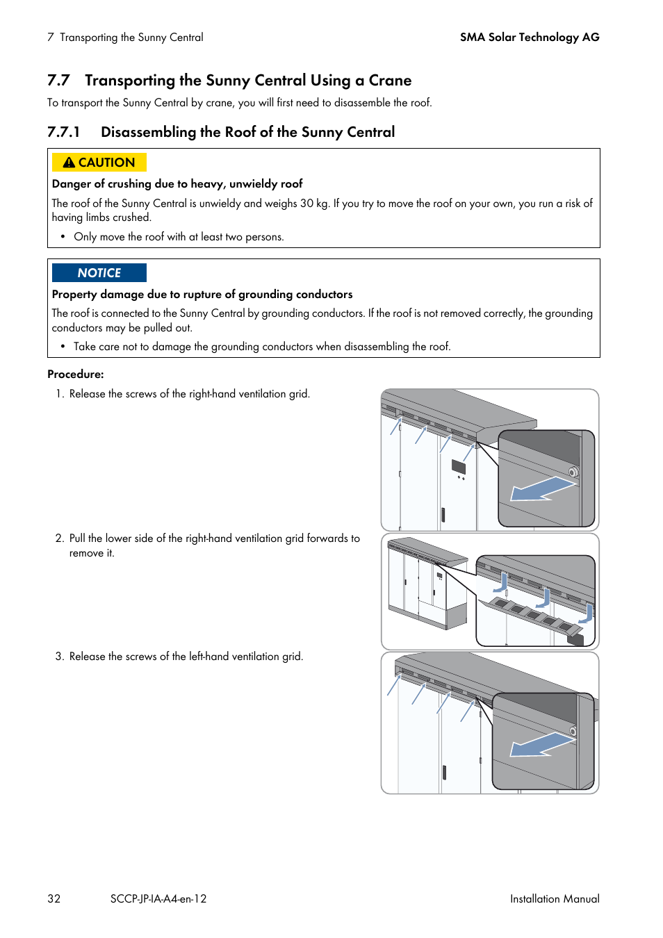 7 transporting the sunny central using a crane, 1 disassembling the roof of the sunny central | SMA SC 500CP-10-JP Installation Manual User Manual | Page 32 / 88