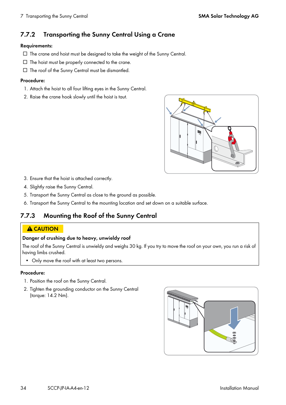 2 transporting the sunny central using a crane, 3 mounting the roof of the sunny central | SMA SC 500CP-10-JP Installation Manual User Manual | Page 34 / 88