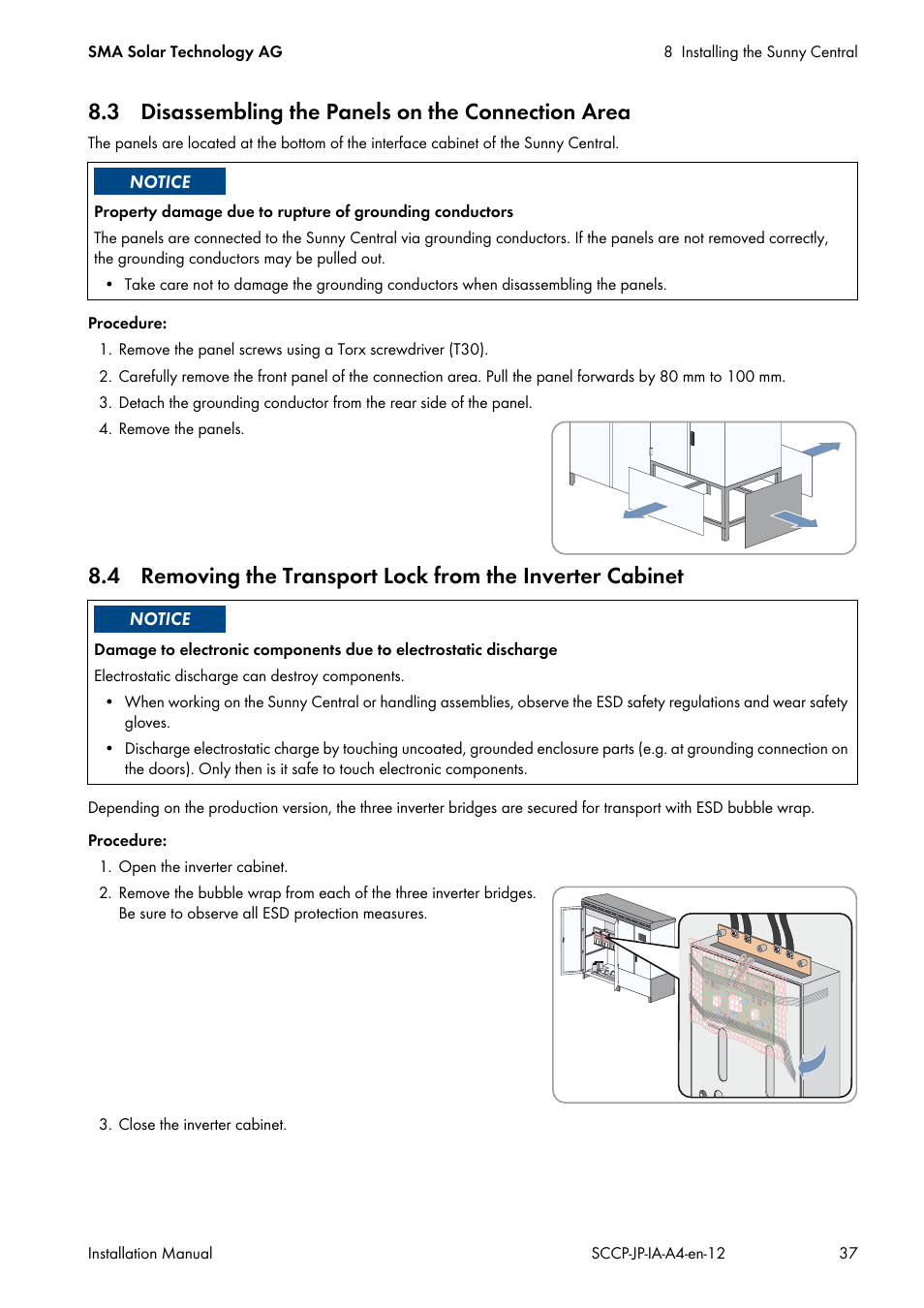 3 disassembling the panels on the connection area | SMA SC 500CP-10-JP Installation Manual User Manual | Page 37 / 88