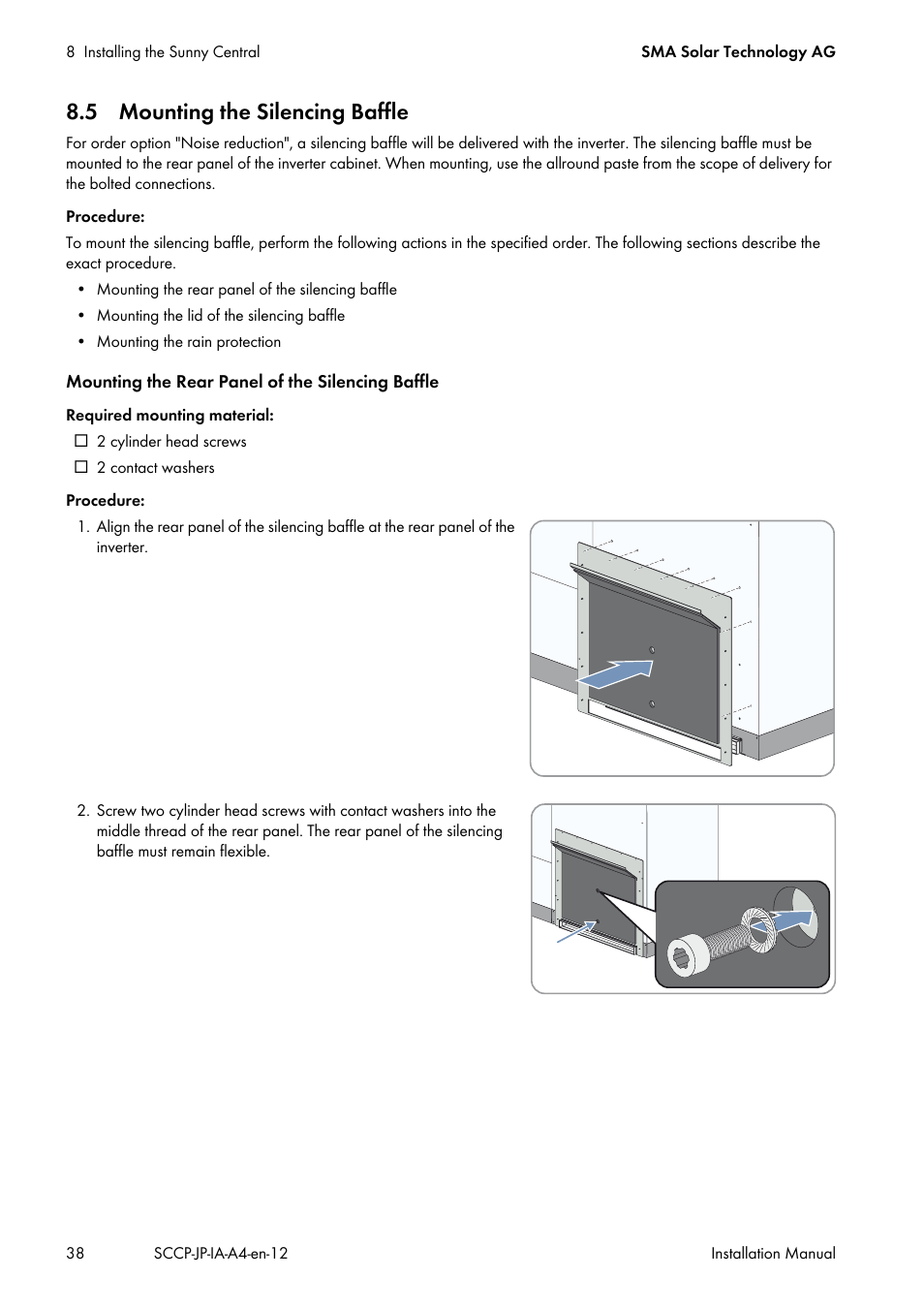 5 mounting the silencing baffle | SMA SC 500CP-10-JP Installation Manual User Manual | Page 38 / 88