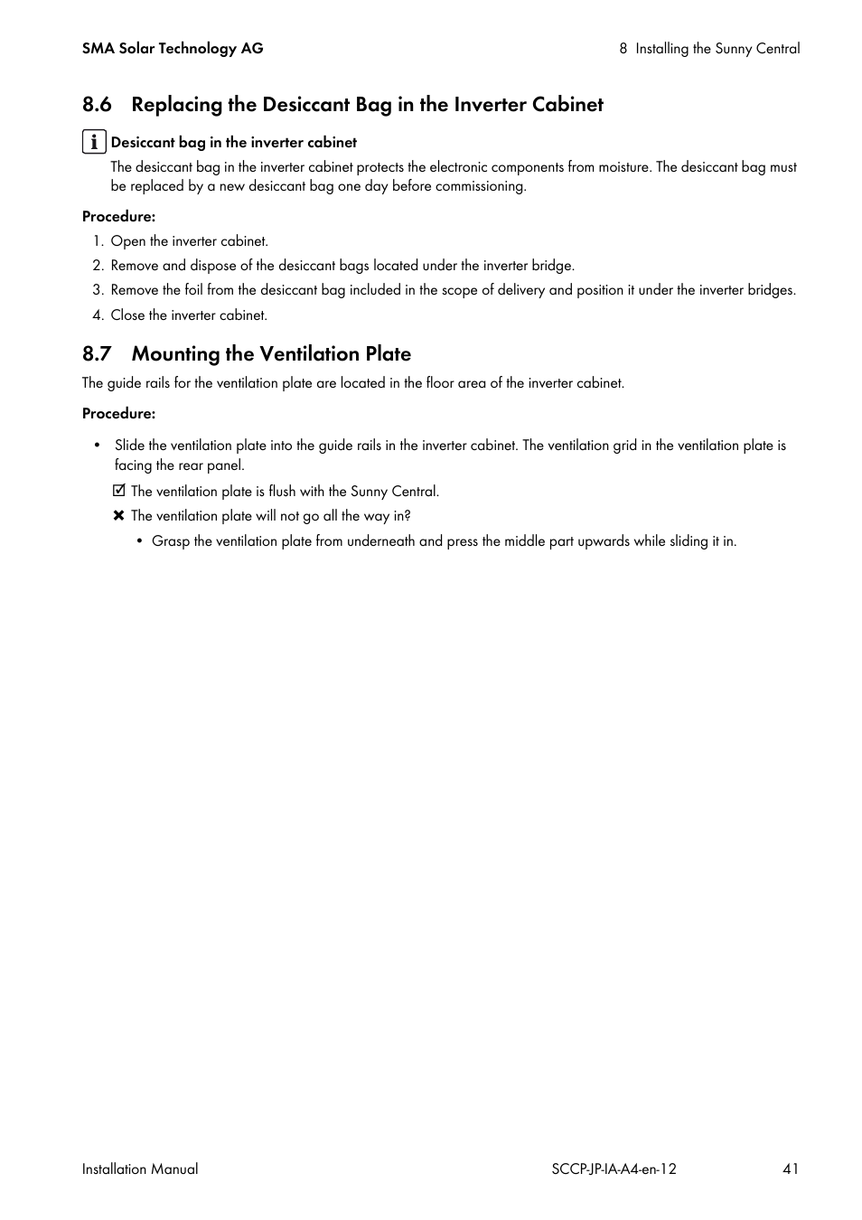 7 mounting the ventilation plate | SMA SC 500CP-10-JP Installation Manual User Manual | Page 41 / 88