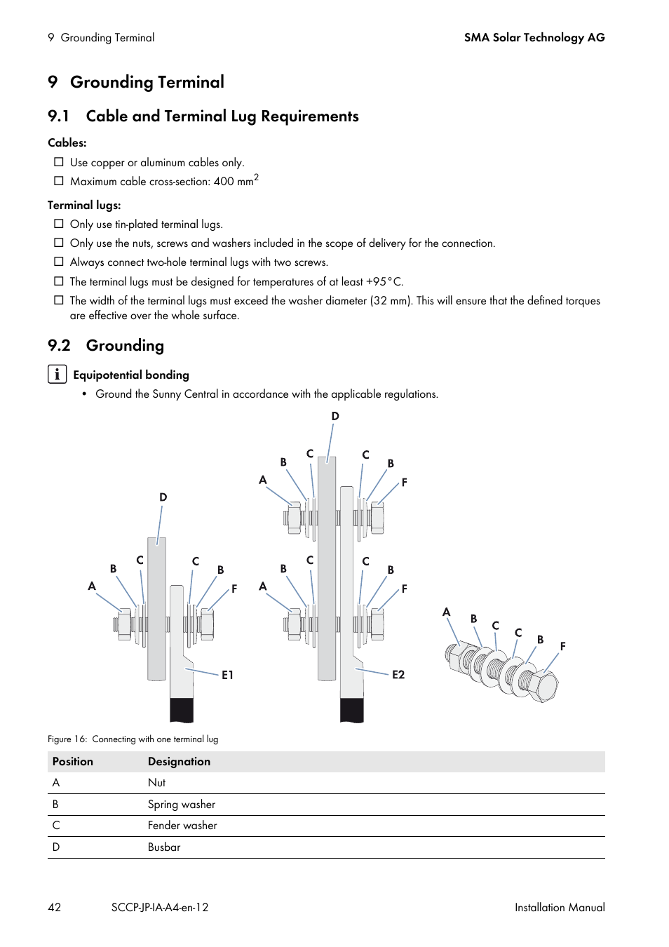 9 grounding terminal, 1 cable and terminal lug requirements, 2 grounding | SMA SC 500CP-10-JP Installation Manual User Manual | Page 42 / 88