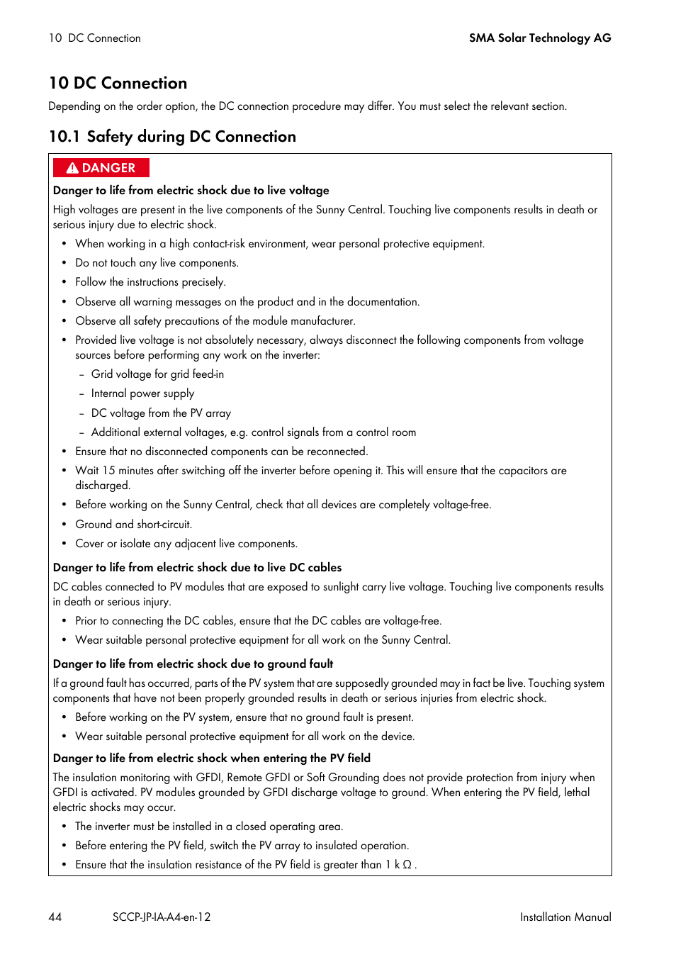 10 dc connection, 1 safety during dc connection | SMA SC 500CP-10-JP Installation Manual User Manual | Page 44 / 88