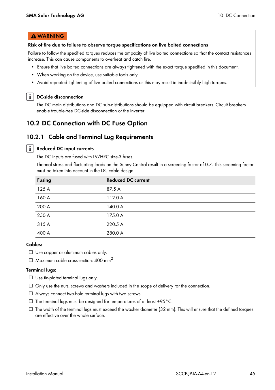 2 dc connection with dc fuse option, 1 cable and terminal lug requirements | SMA SC 500CP-10-JP Installation Manual User Manual | Page 45 / 88