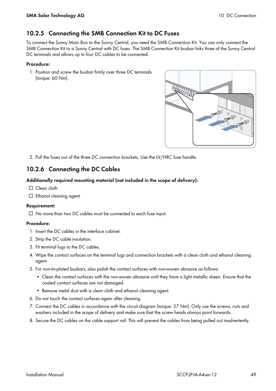 5 connecting the smb connection kit to dc fuses, 6 connecting the dc cables | SMA SC 500CP-10-JP Installation Manual User Manual | Page 49 / 88