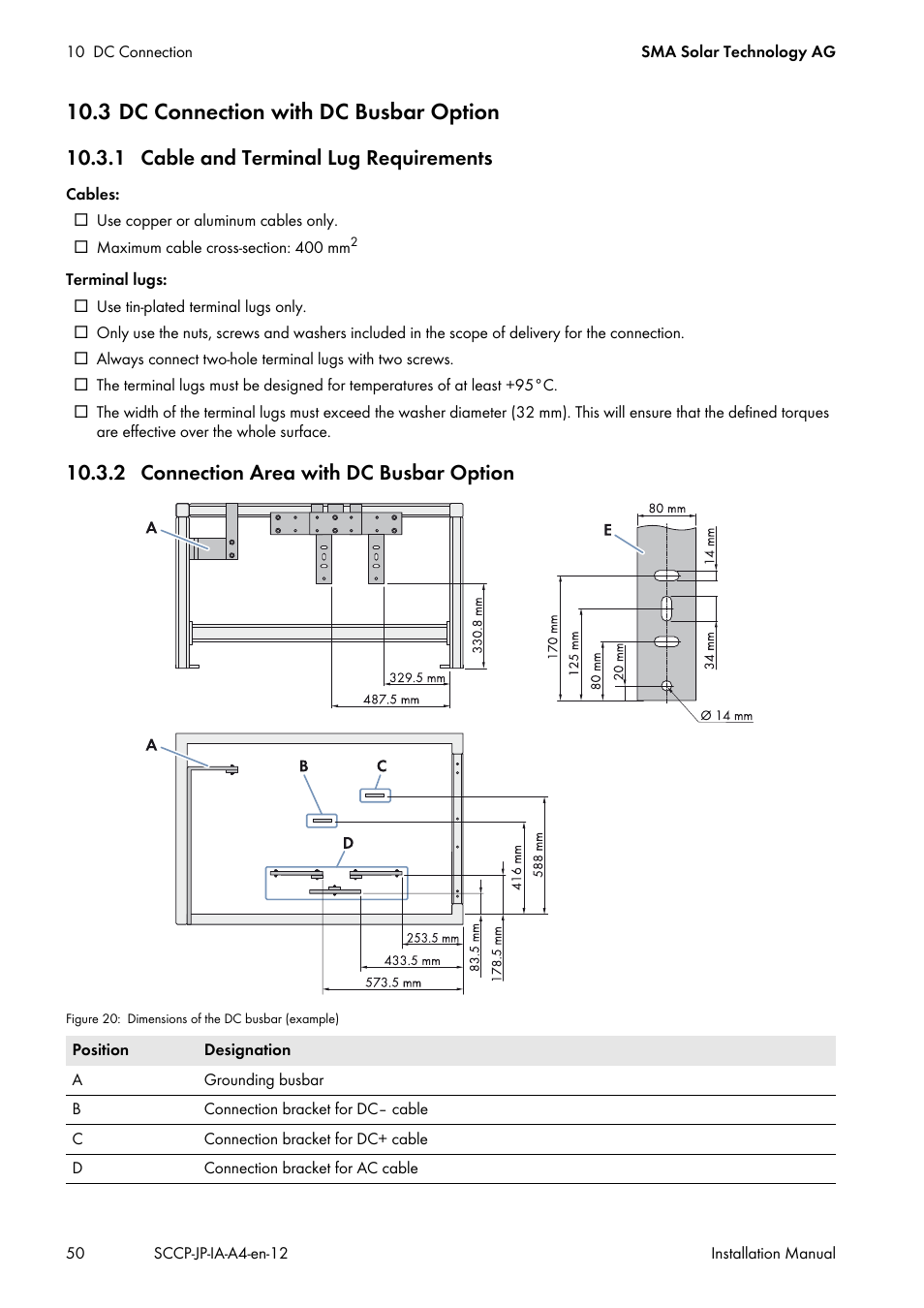 3 dc connection with dc busbar option, 1 cable and terminal lug requirements, 2 connection area with dc busbar option | SMA SC 500CP-10-JP Installation Manual User Manual | Page 50 / 88