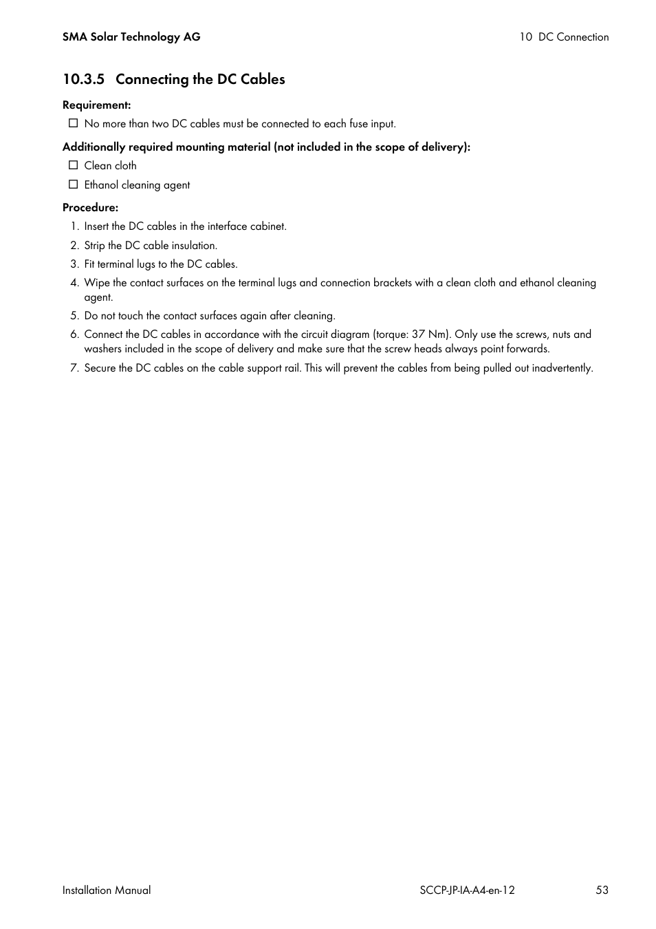 5 connecting the dc cables | SMA SC 500CP-10-JP Installation Manual User Manual | Page 53 / 88