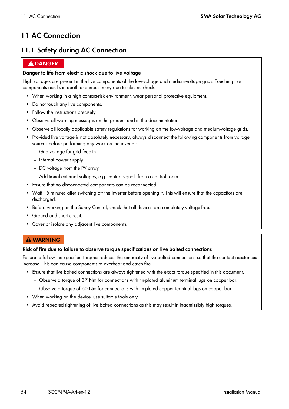 11 ac connection, 1 safety during ac connection | SMA SC 500CP-10-JP Installation Manual User Manual | Page 54 / 88