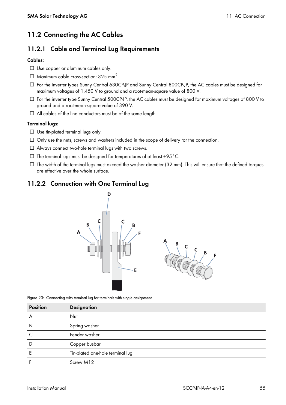 2 connecting the ac cables, 1 cable and terminal lug requirements, 2 connection with one terminal lug | SMA SC 500CP-10-JP Installation Manual User Manual | Page 55 / 88