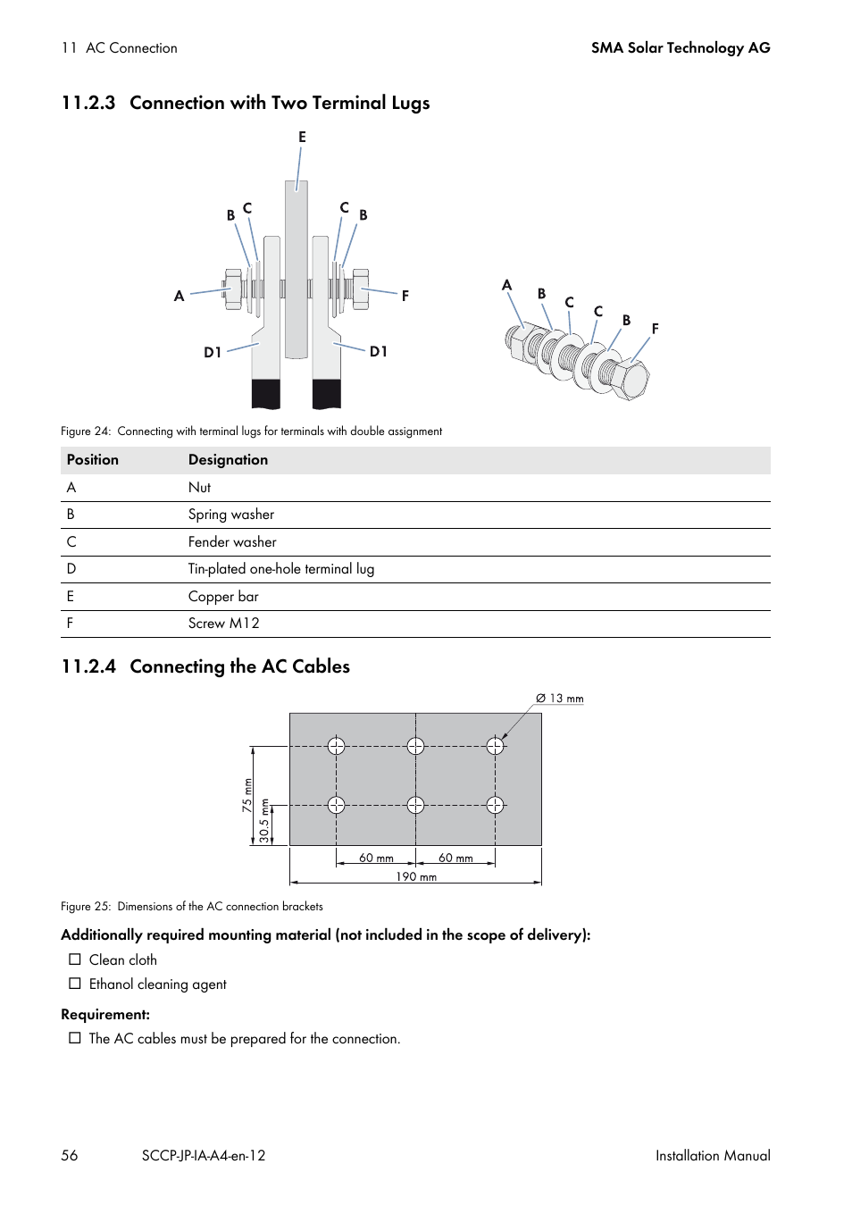 3 connection with two terminal lugs, 4 connecting the ac cables | SMA SC 500CP-10-JP Installation Manual User Manual | Page 56 / 88