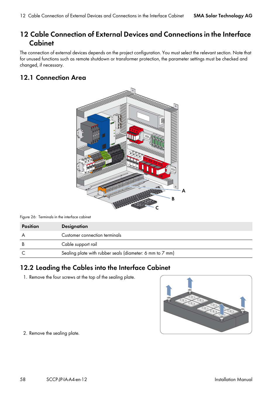 1 connection area, 2 leading the cables into the interface cabinet | SMA SC 500CP-10-JP Installation Manual User Manual | Page 58 / 88