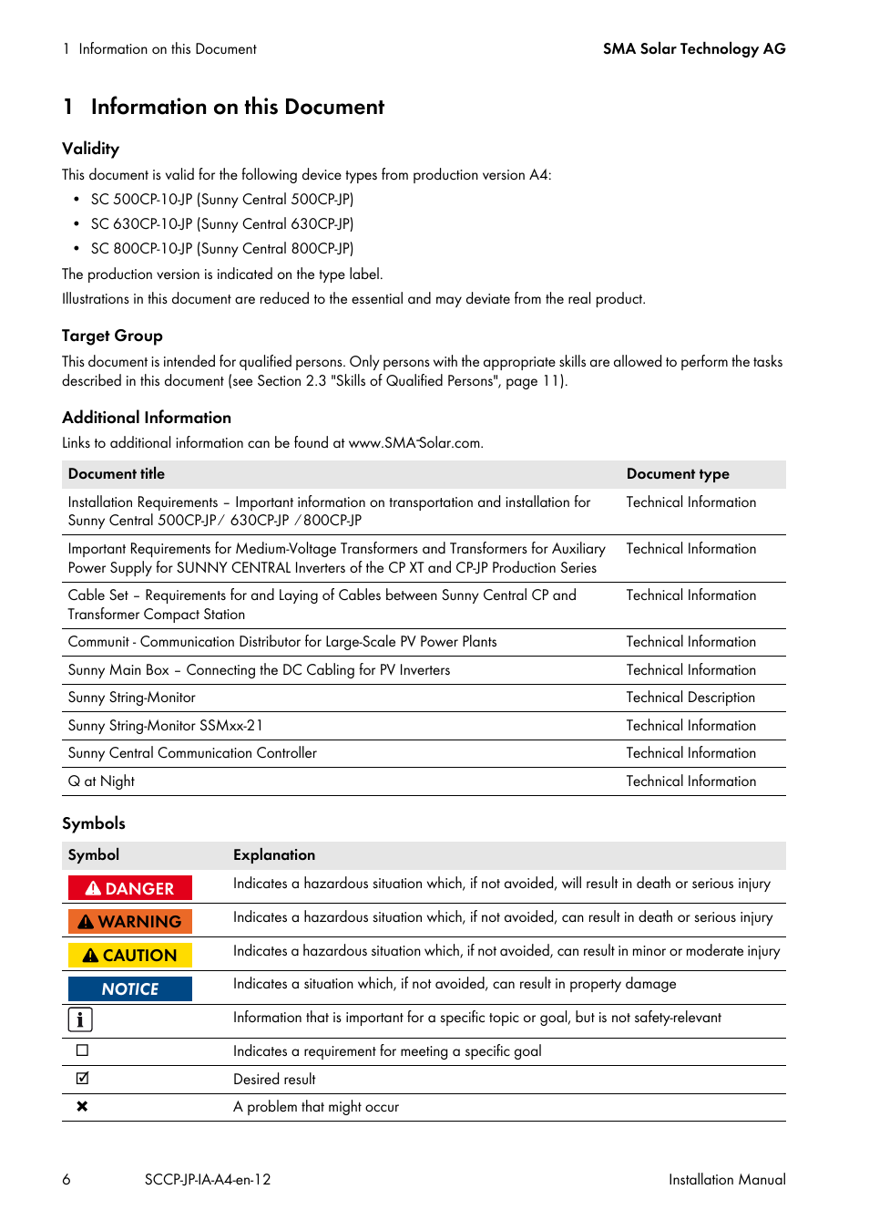 1 information on this document | SMA SC 500CP-10-JP Installation Manual User Manual | Page 6 / 88