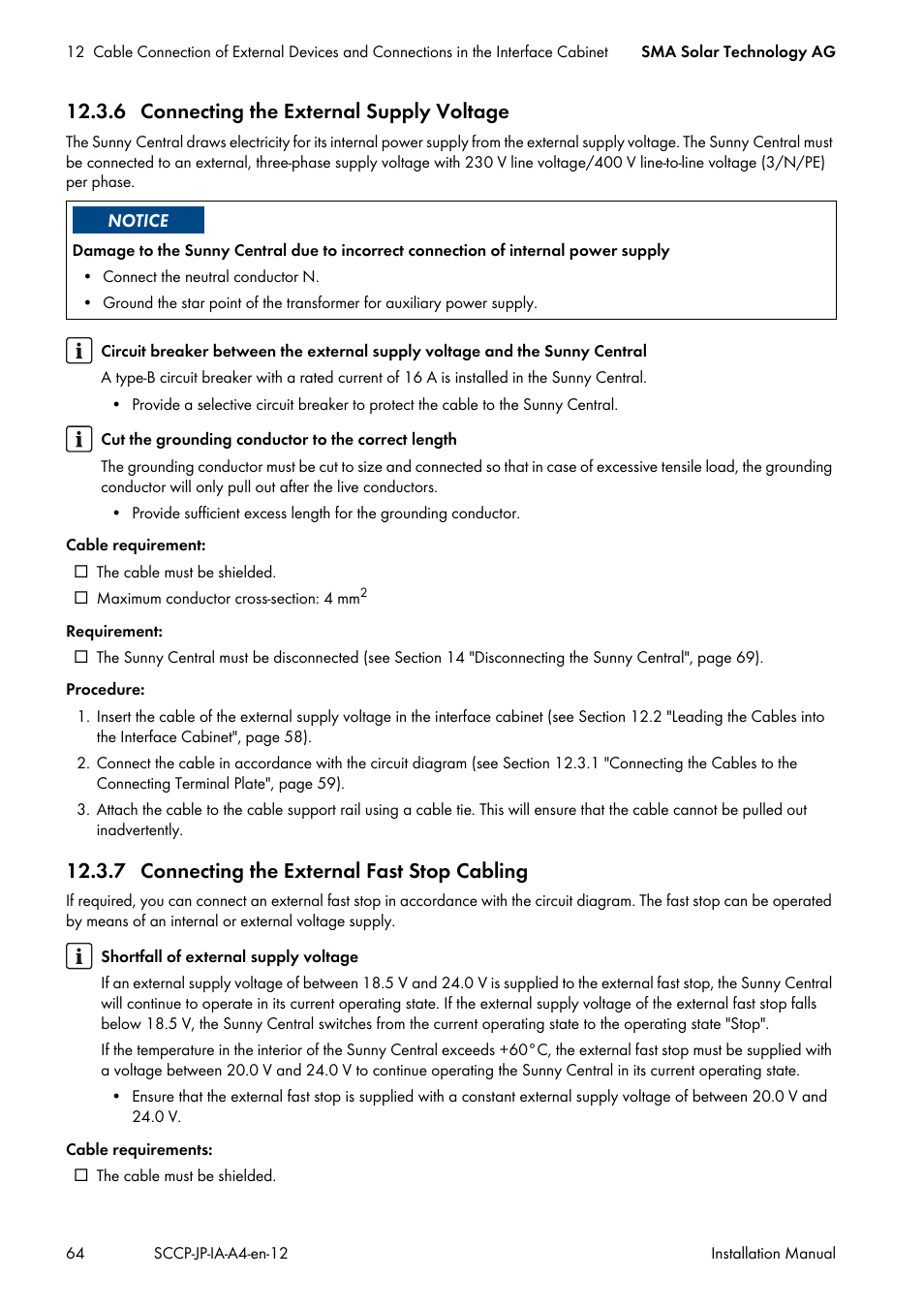 6 connecting the external supply voltage, 7 connecting the external fast stop cabling | SMA SC 500CP-10-JP Installation Manual User Manual | Page 64 / 88