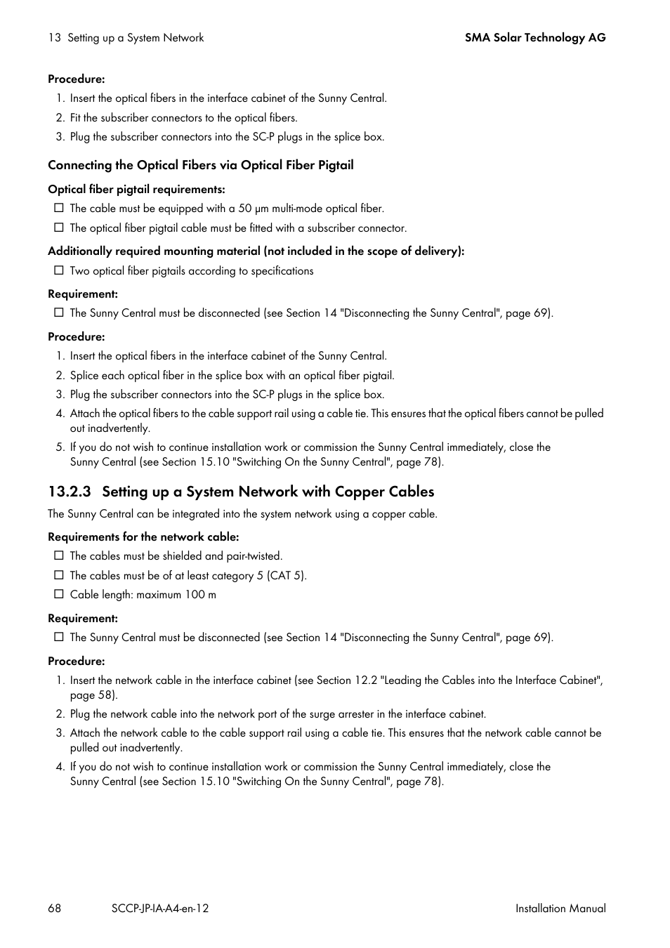 3 setting up a system network with copper cables | SMA SC 500CP-10-JP Installation Manual User Manual | Page 68 / 88